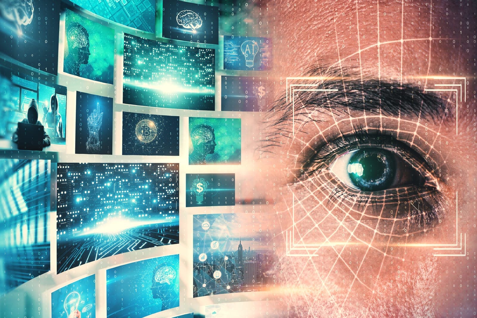 KI-Datenvisualisierungen neben einem biometrisch gescannten Auge — Sinnbild für Unternehmensintelligenz mit ARIA